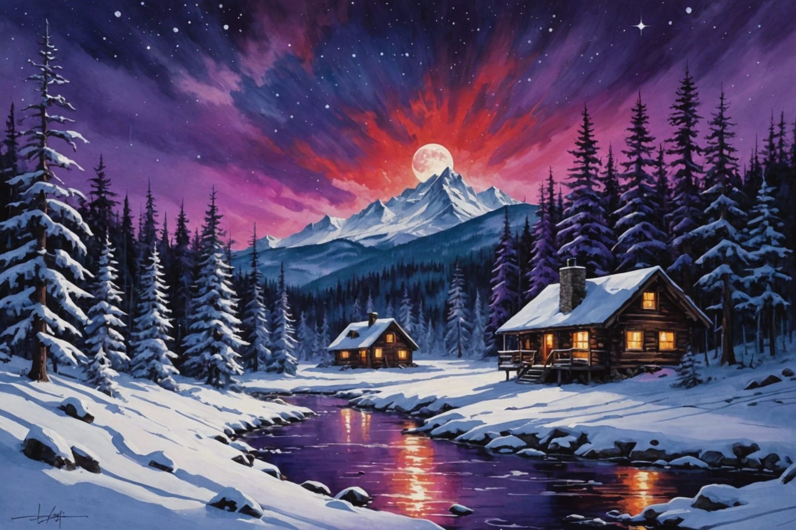 Winter Landscape with Snowy Creek in Watercolor Style