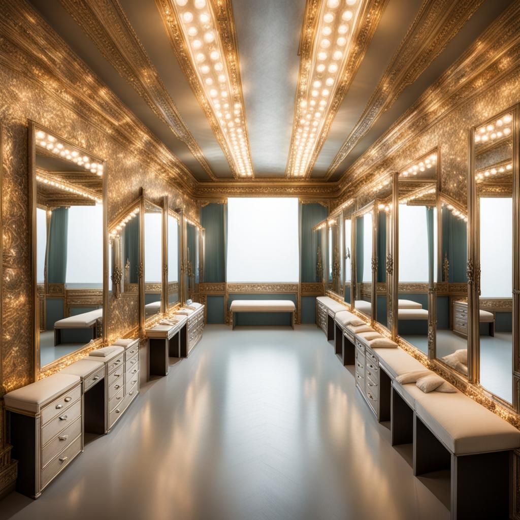 Infinite Reflections in Theatrical Dressing Room with Sunbea...