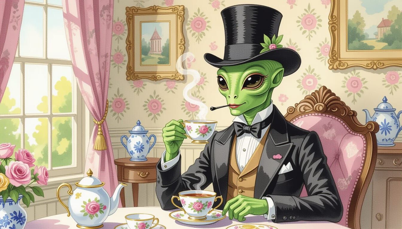 Dapper Alien Sipping Tea in Watercolor Style