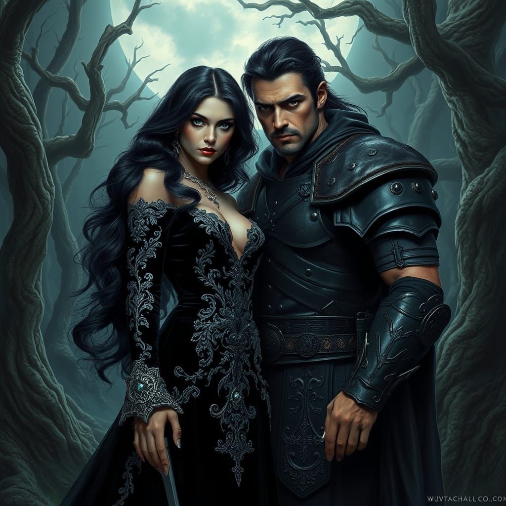 Regal Beauty and Brooding Warrior in Dark, Medieval Forest