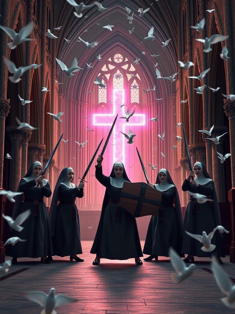 Nuns with Swords in Gothic Church
