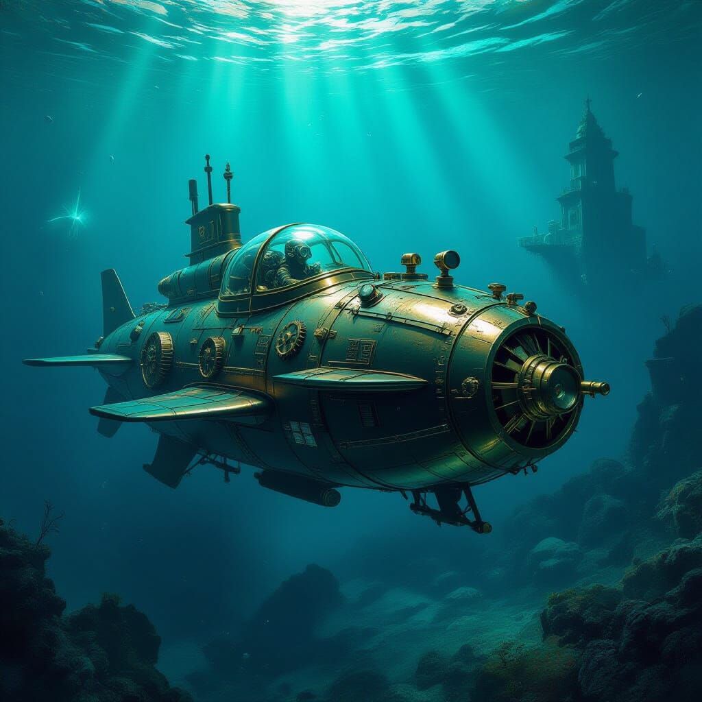 Steampunk Submarine Discovering Sunken City