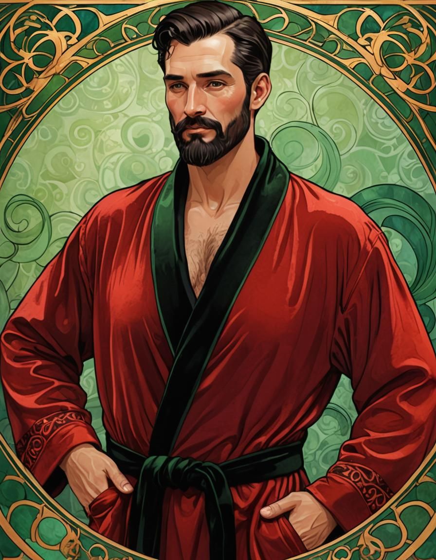 Serene Man in Red Velvet Robe, Art Nouveau Style