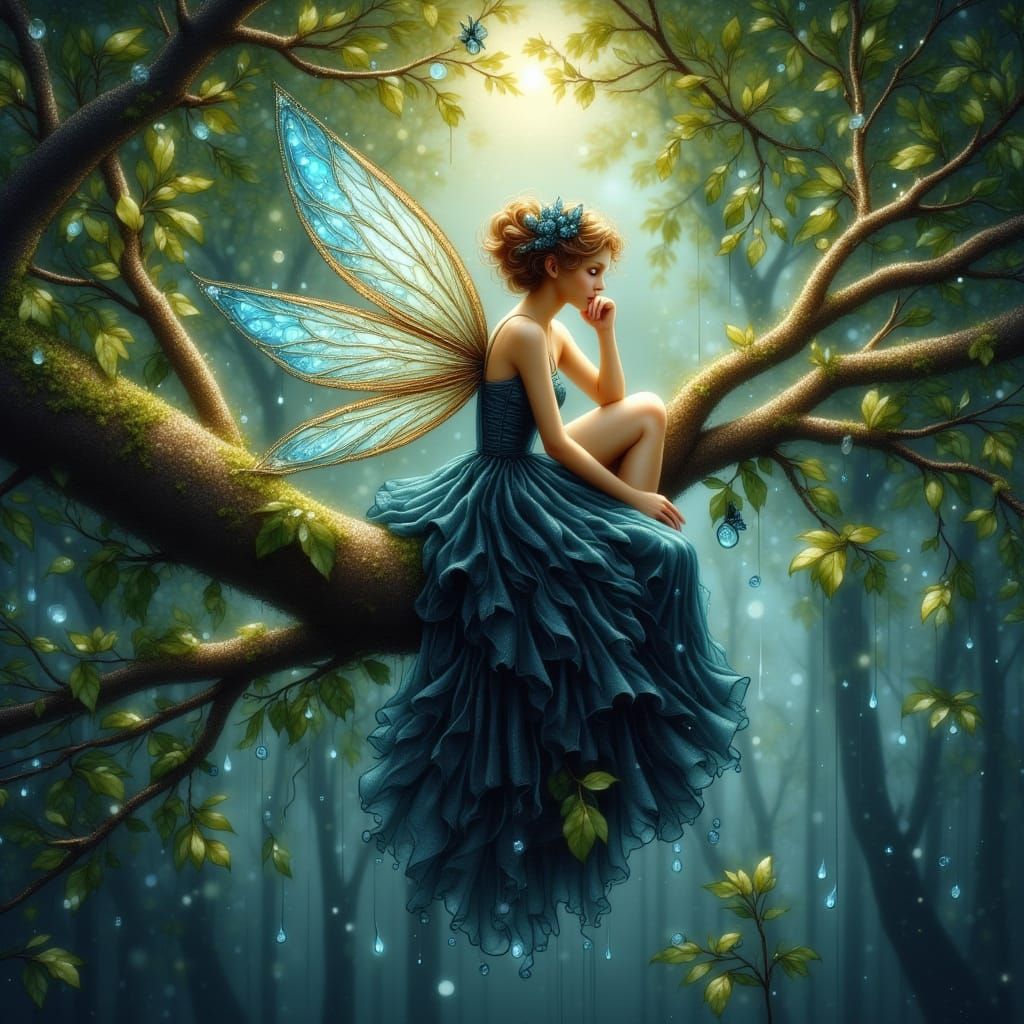 Ethereal Fairy on Mossy Branch in Moonlight