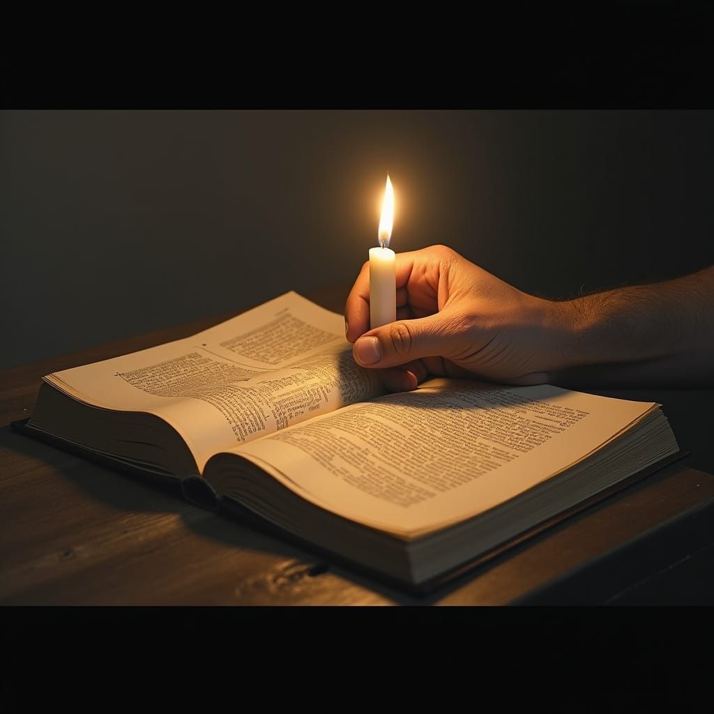 Surreal Man with Candle Illuminates Book Page