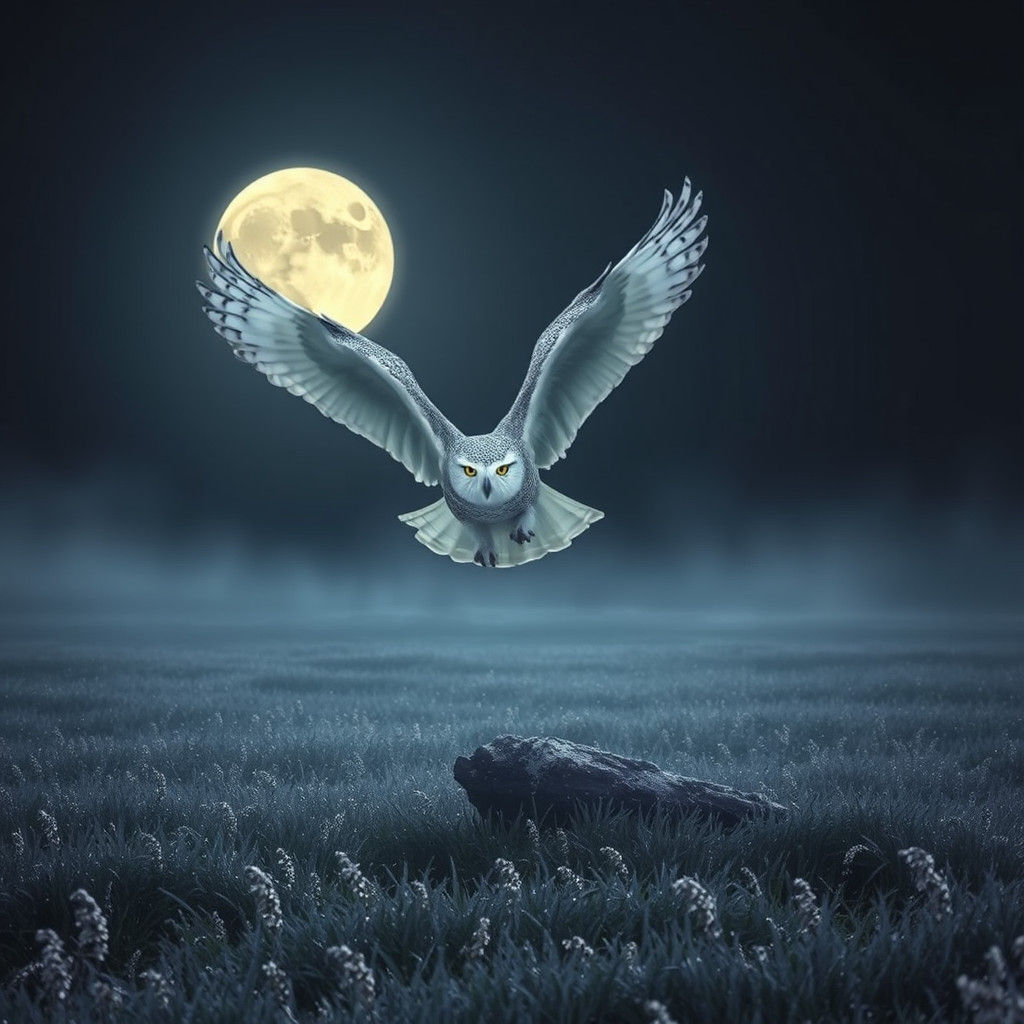 A huge snowy owl silently gliding over a grassy field in the...