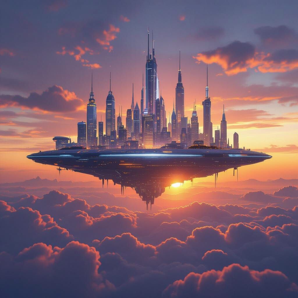Futuristic City Floating in the Sky at Sunset