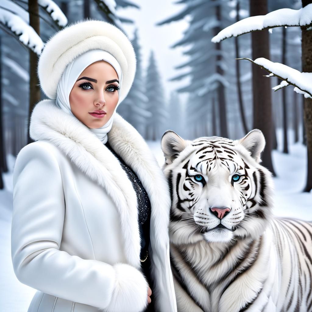 Middle Eastern Woman Hunter in Snowy Forest Portrait