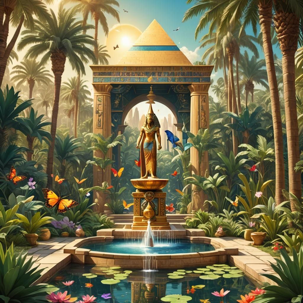 Art Nouveau Egyptian Garden with Gemstone Fountain
