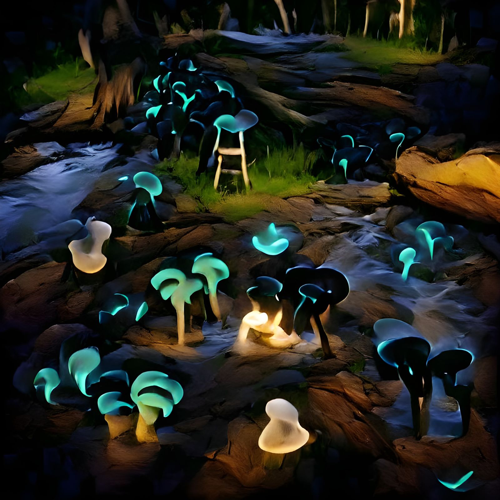 Glowing Bioluminescent Mushroom Forest at Night