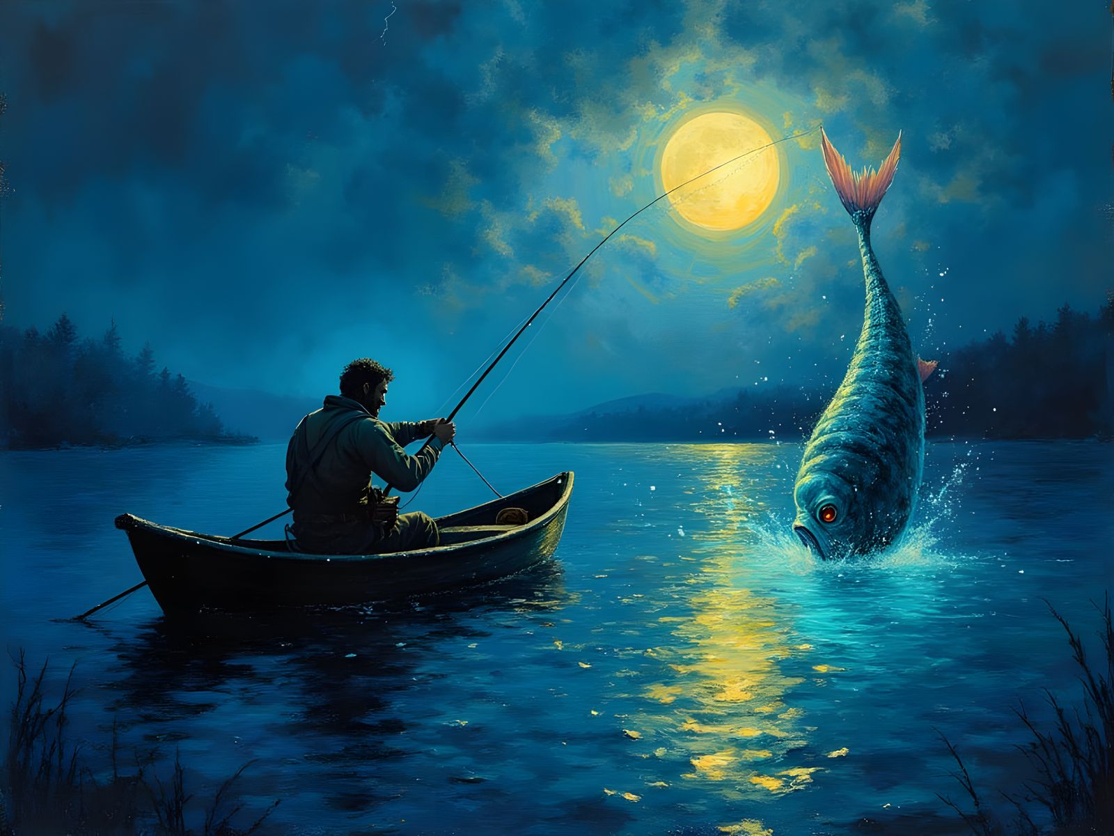 Neo-Impressionist Fisher Fights Giant Bioluminescent Fish