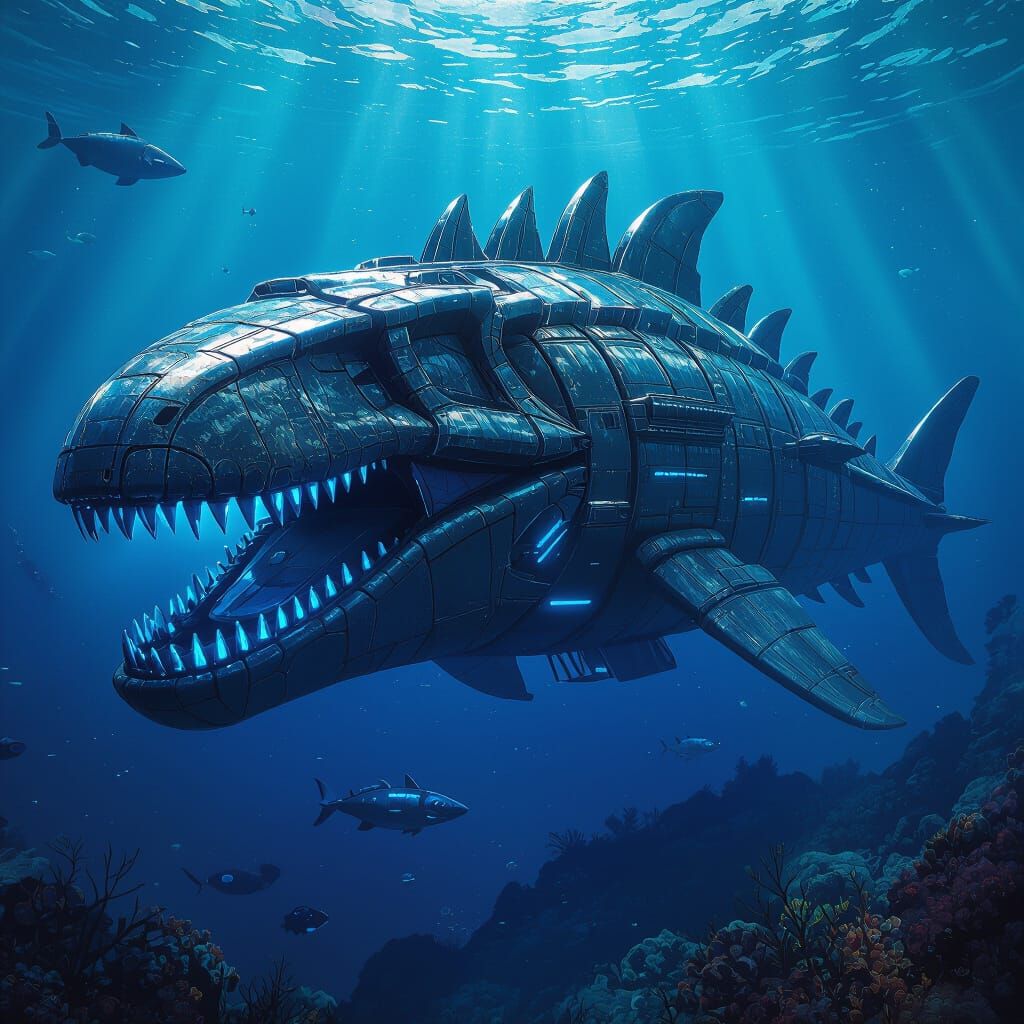 Mosasaur-Submarine Hybrid in Matte Painting Style