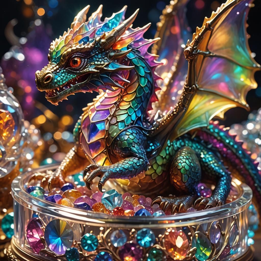 Baby Dragon with Glowing Jewels, Fantasy Art