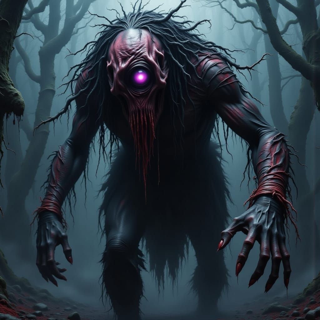 Towering Cyclops in Shadows with Violet Eye