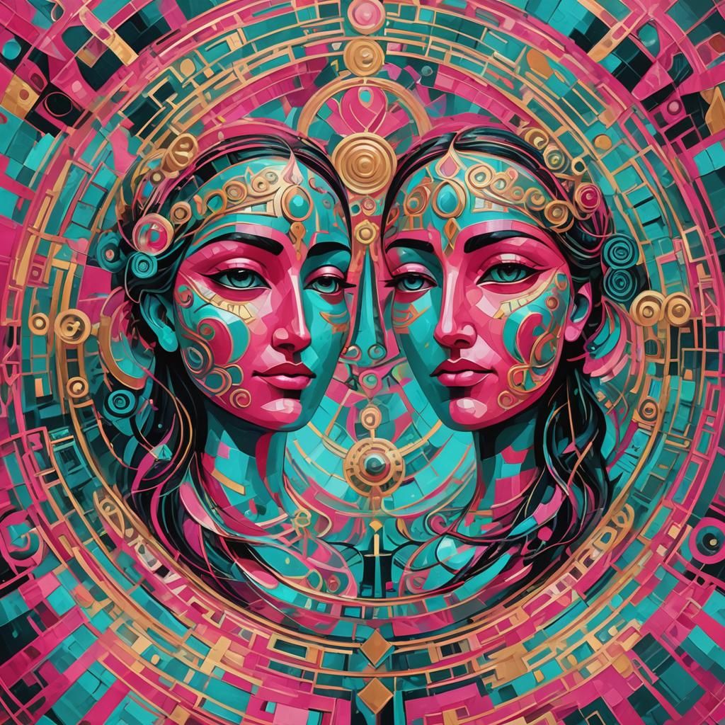 Abstract Faces at Festival in Expressionist Style