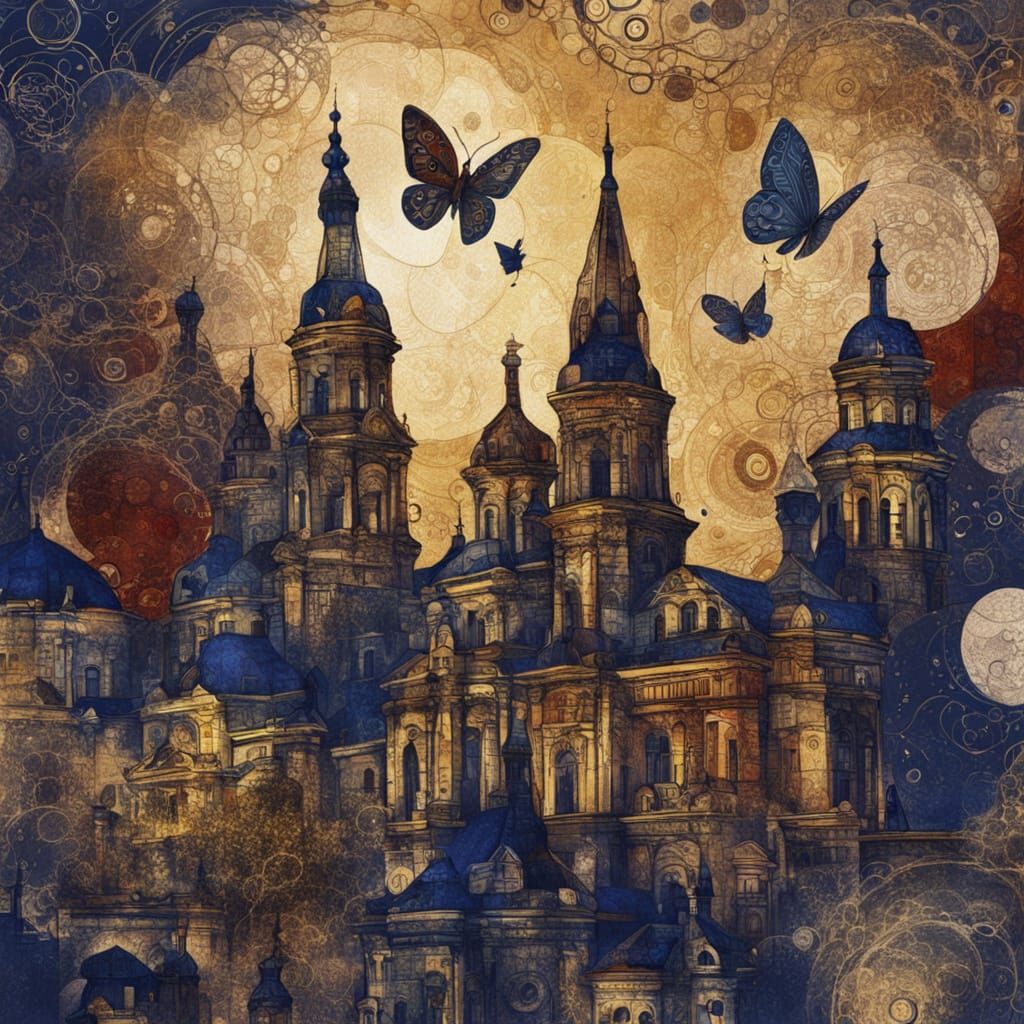 Surreal Cityscape with Moth in Warm Golden Light