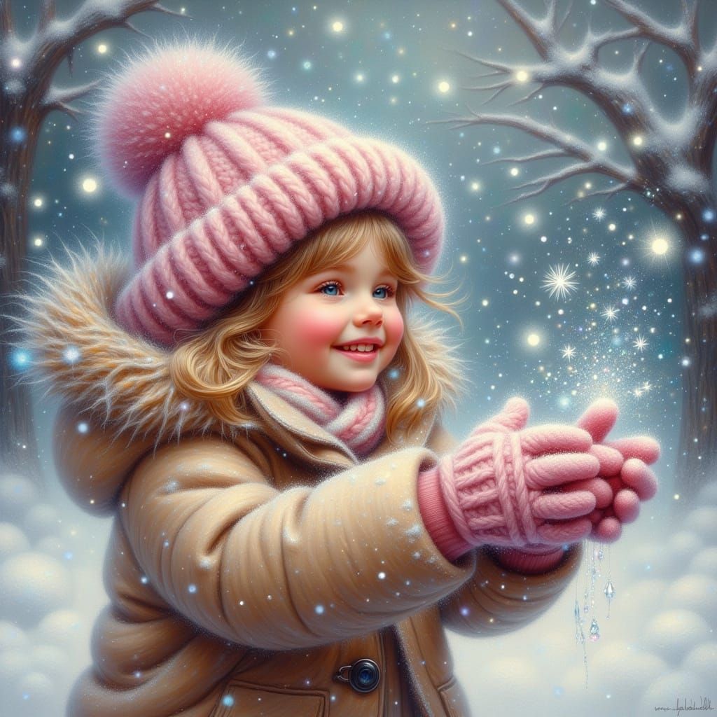 Adorable Baby Girl Laughing in Snow, Nostalgic Christmas Oil...