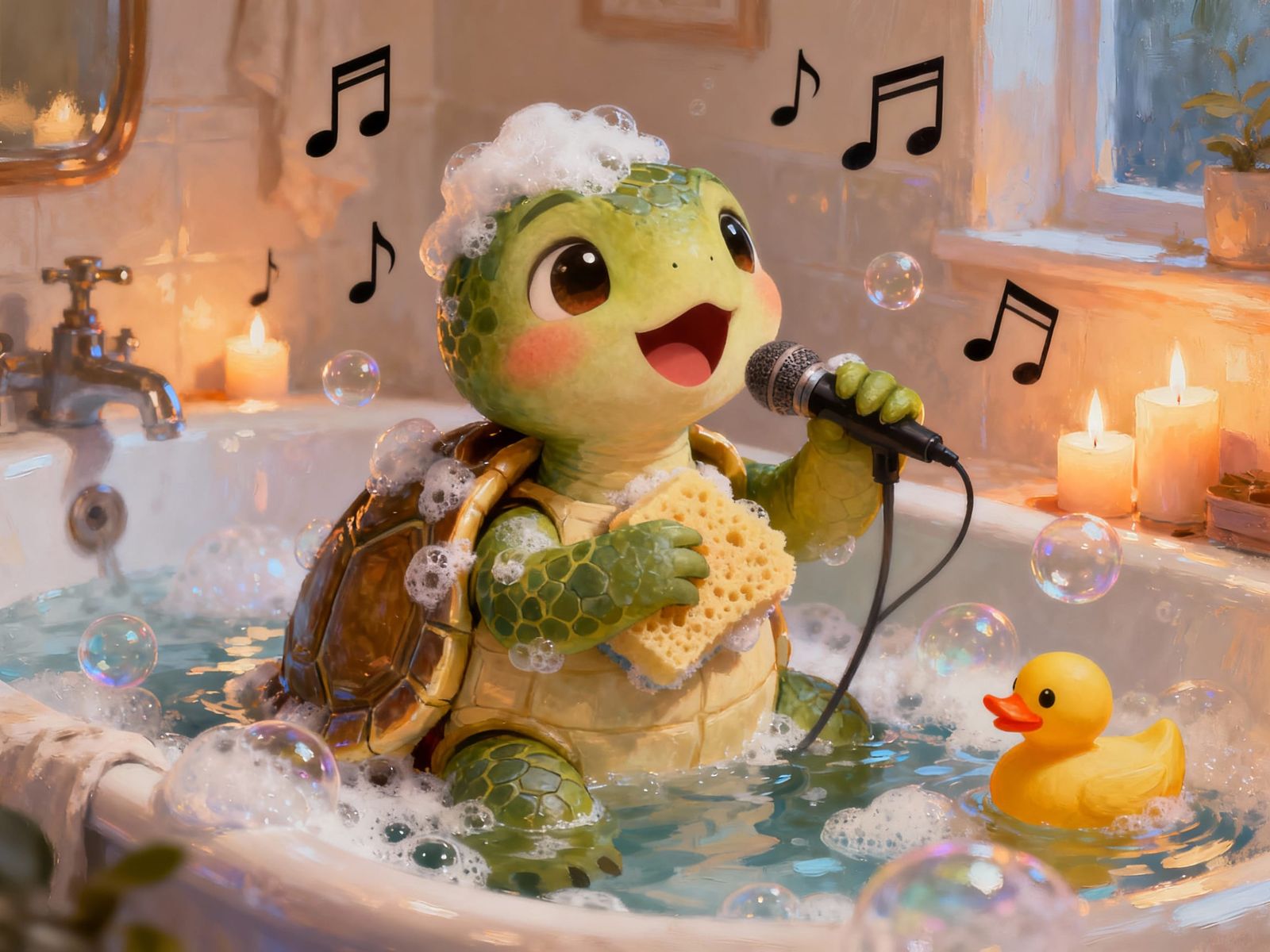 Adorable Chibi Turtle Sings in Bubble Bath