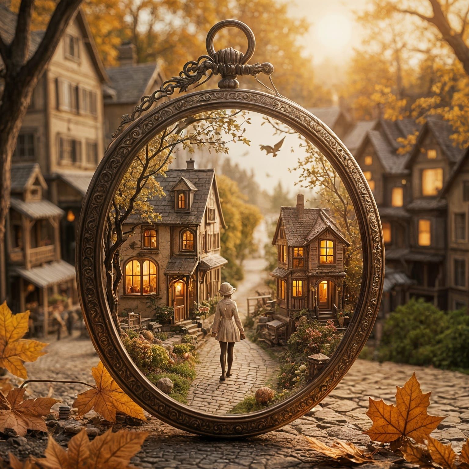 Elderly Woman's Dream of Miniature Autumn Village in Locket