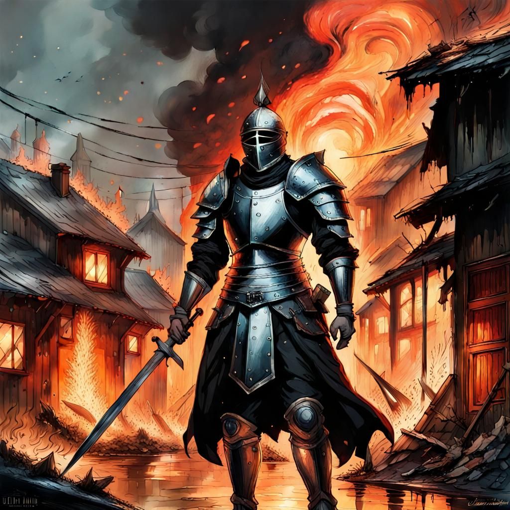 Burning Village Fight Scene in Anime Style