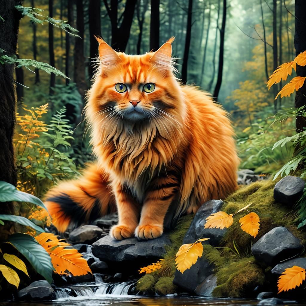 Fluffy Orange Cat Watching Forest Stream