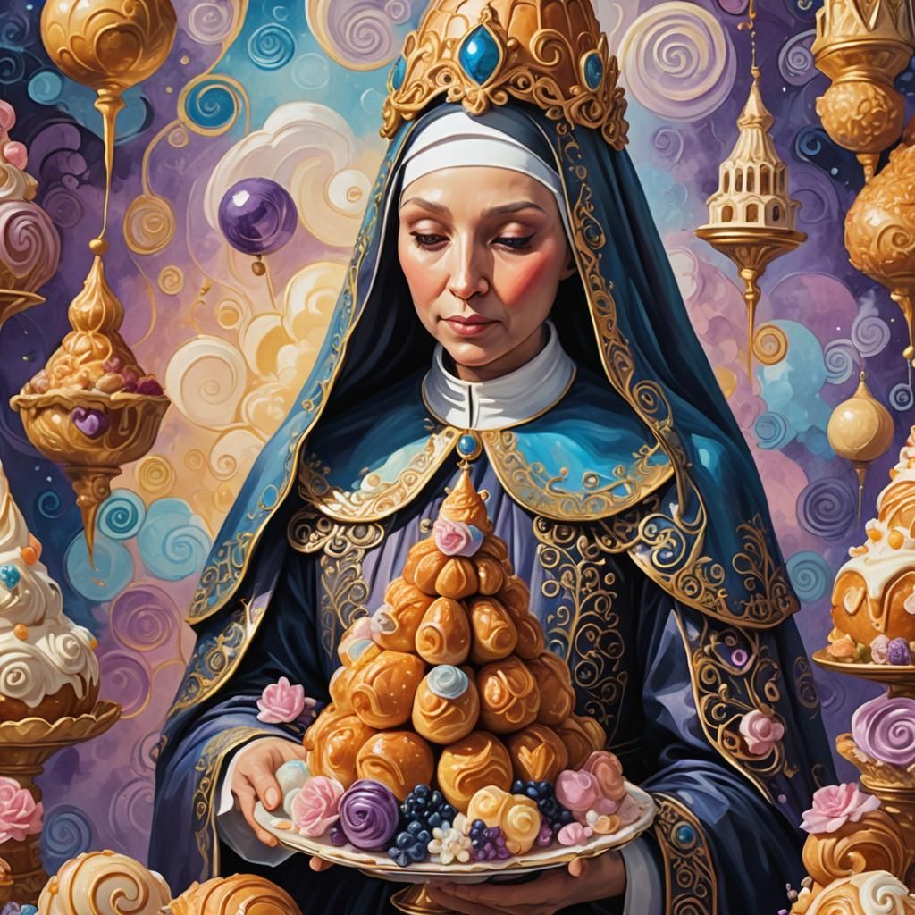 Nun Croquembouche Eating Itself: Art Nouveau Illustration