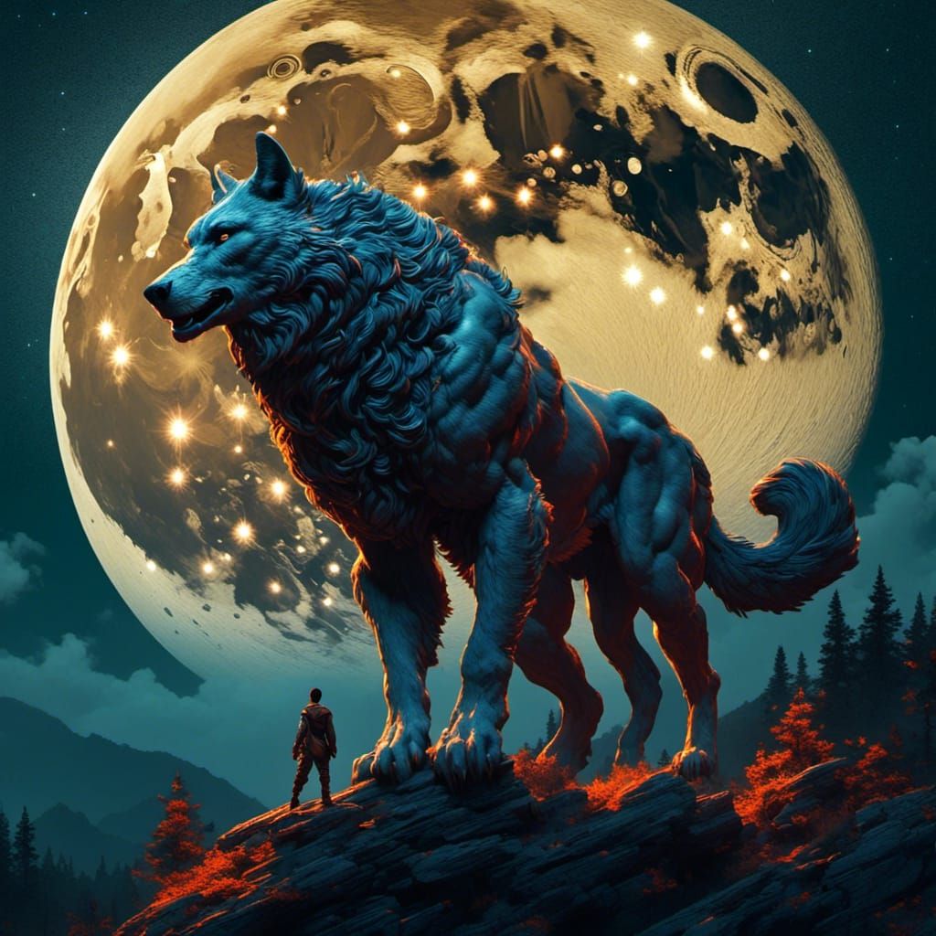 Werewolf Hybrid Howling at Moon, Fantasy Art