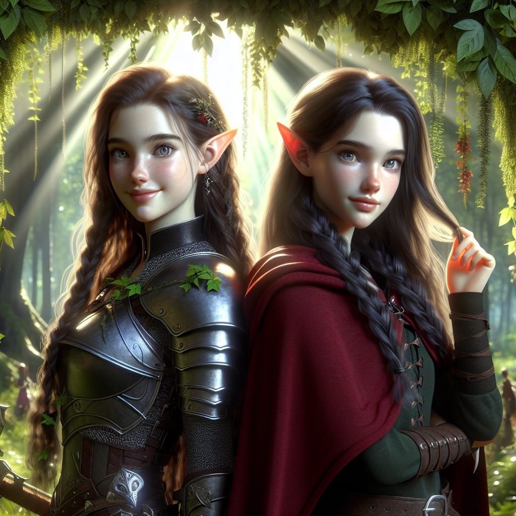 Half-Elf Sisters in a Lush Forest, Fantasy Art