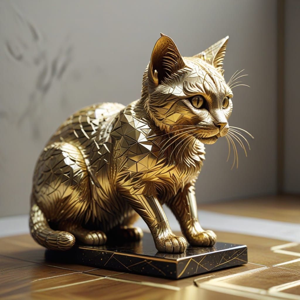Surreal Liquid Gold Cat Pounces on Toy Mouse in Futuristic A...