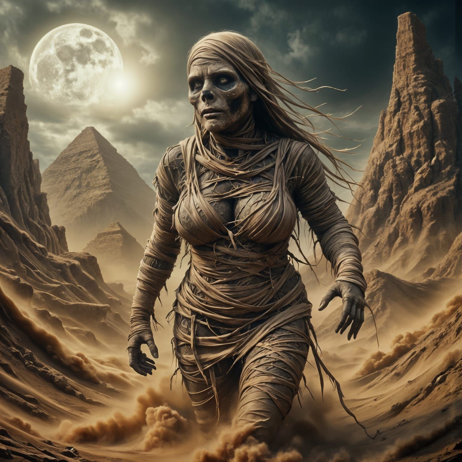 Ethereal Dark Goddess Amidst Sinister Sandstorm