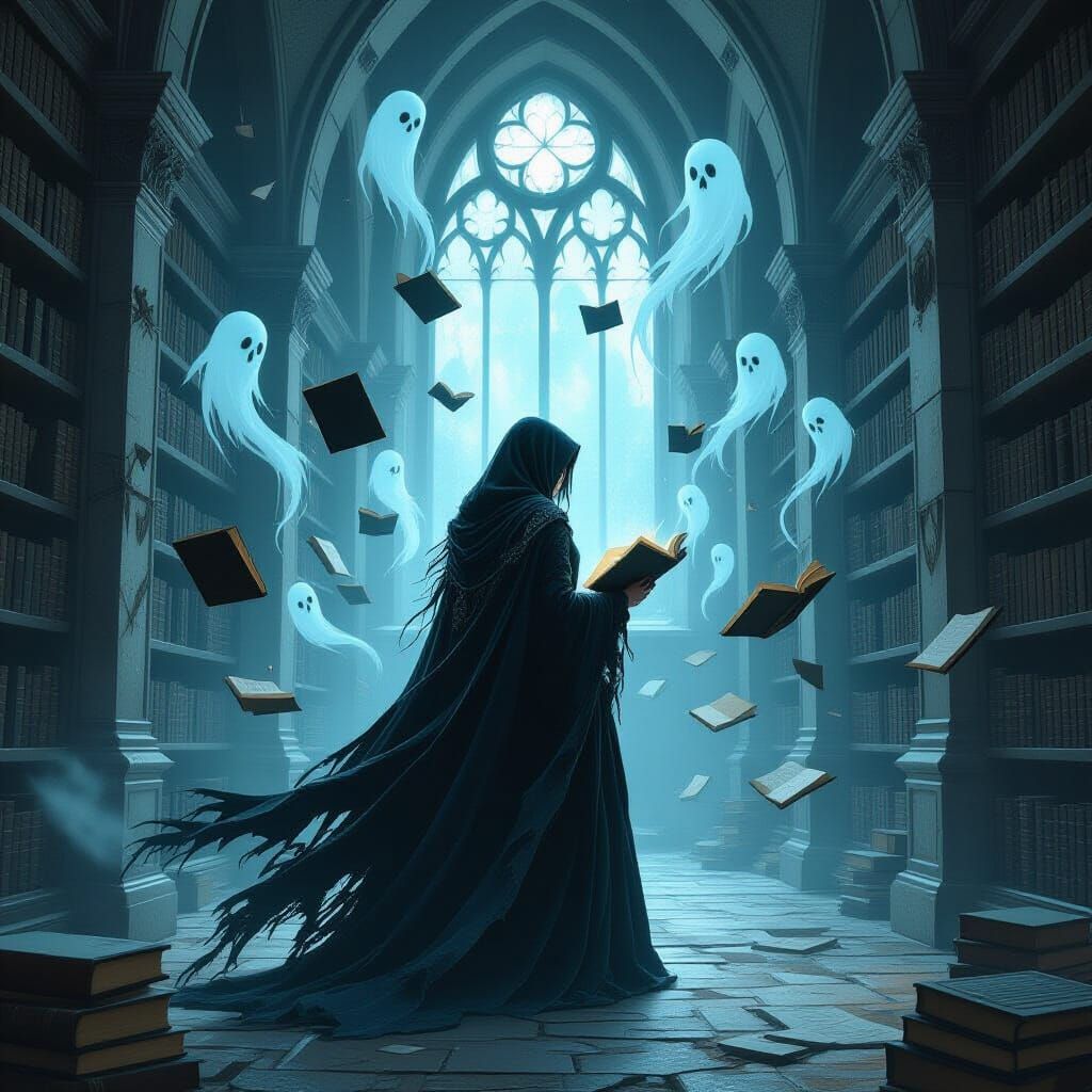 Mystical Library with Ghostly Tomes in Gothic Style