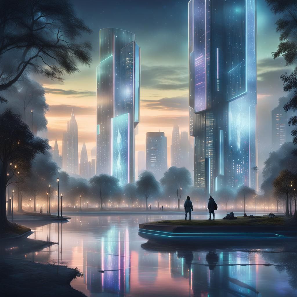 Futuristic Cityscape Reflecting Forest Scene