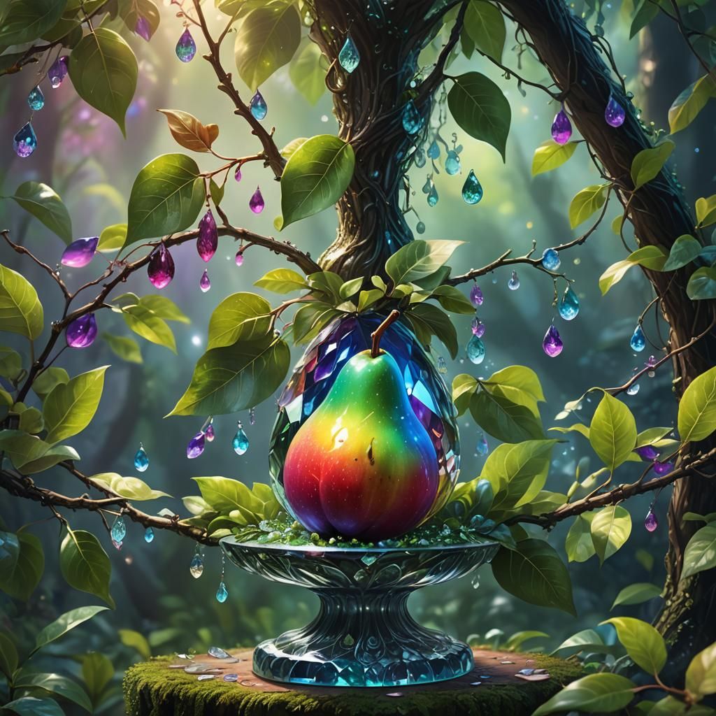 Rainbow Pear Still Life in Mystical Forest