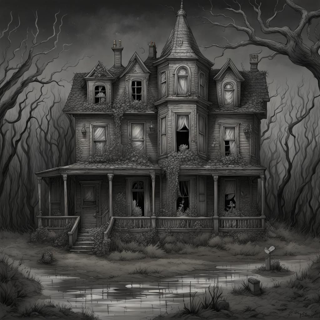 Eerie Old House in Whimsical Comic Book Art