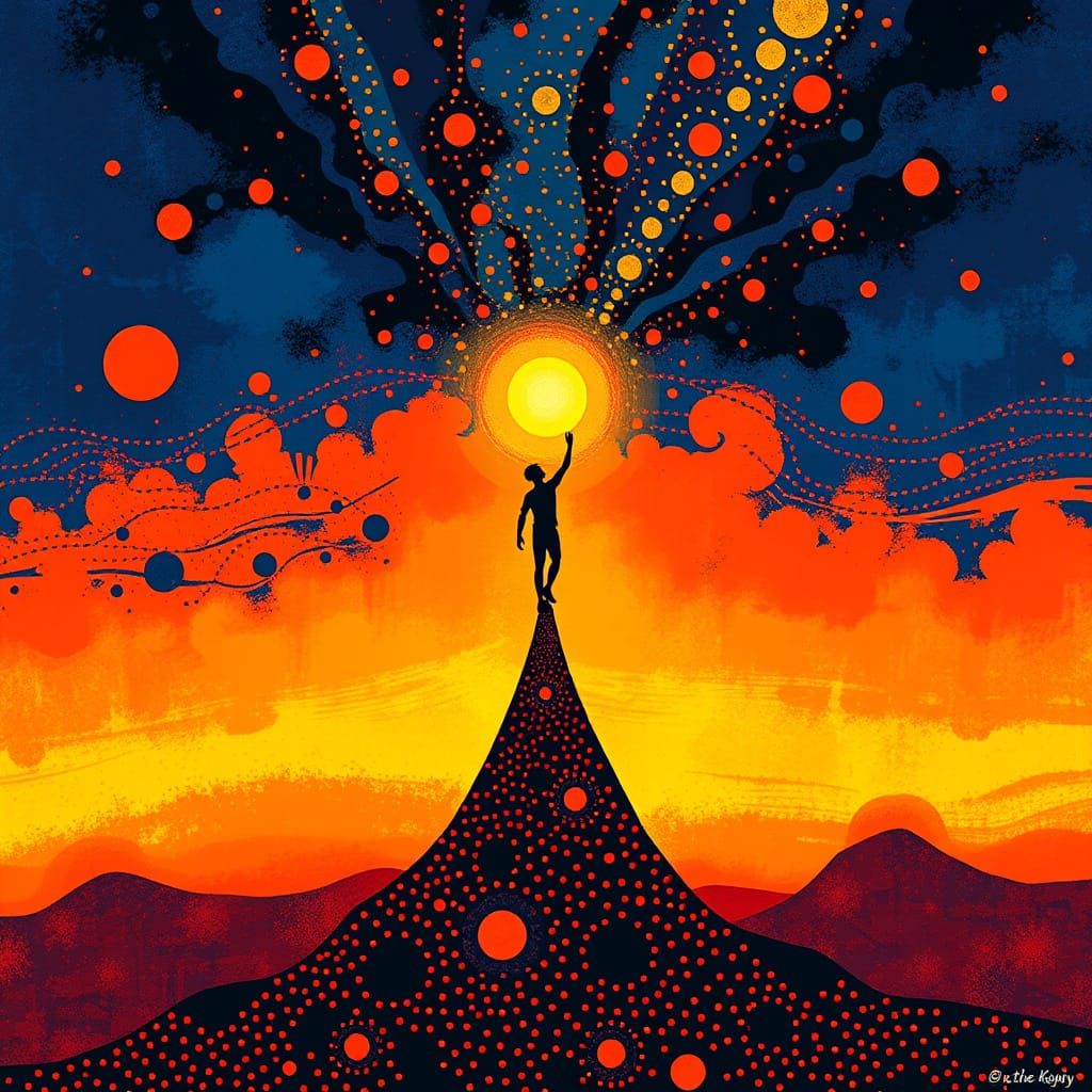 Figure Ascending Into Vibrant Abstract Sky in Dot Art Style