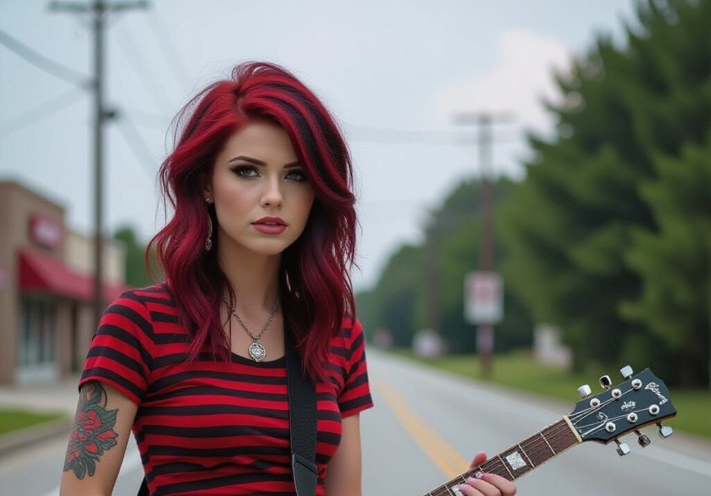 Young Woman with Guitar in Music Video Style