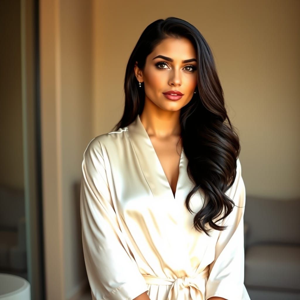 Elegant Mediterranean Beauty in Cream Silk Robe
