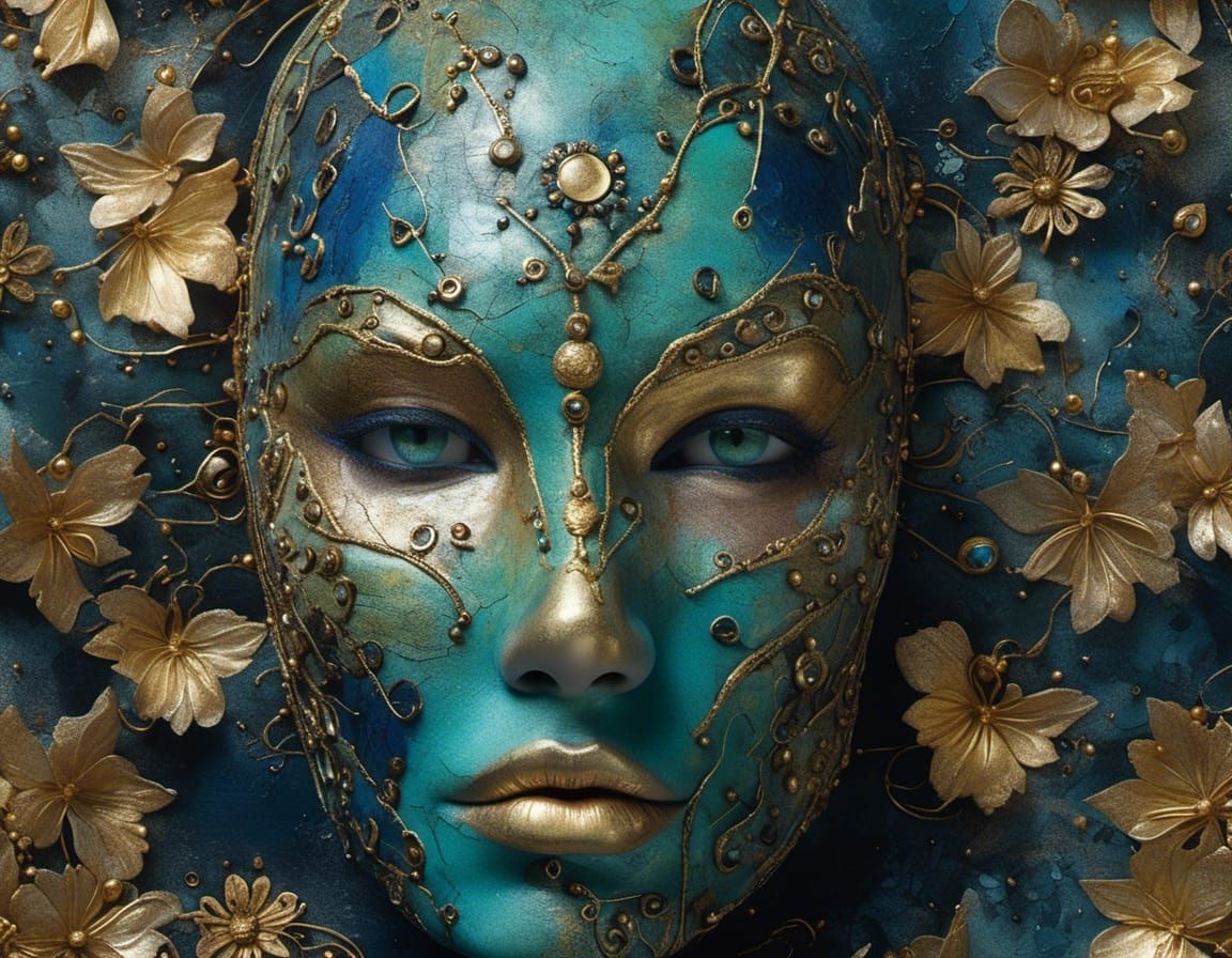 Surreal Facial Mask with Gold and Blue Designs