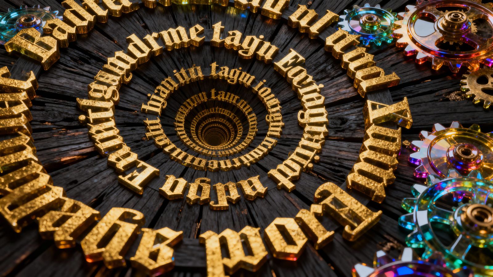 Surreal Gold Text Fractal with Gears