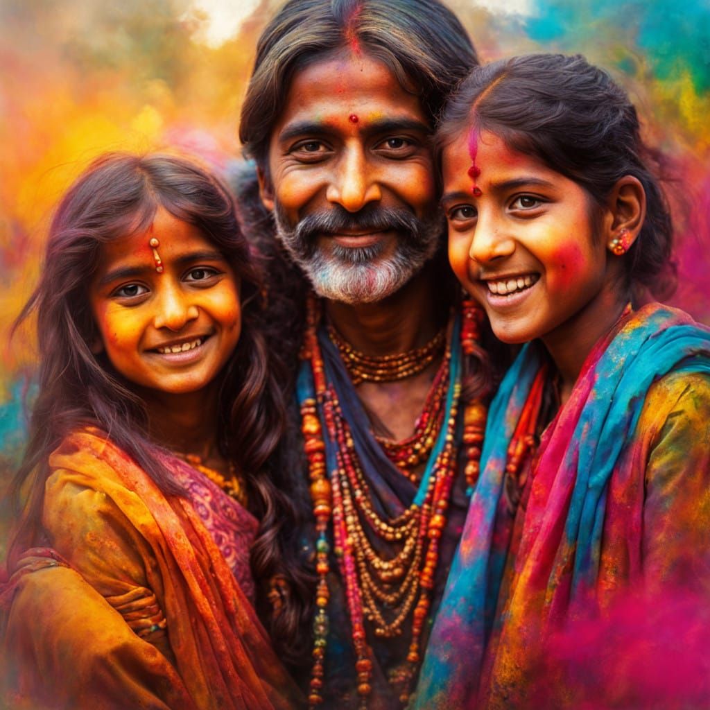 Family Celebrates Vibrant Holi Festival in Dreamlike Fantasy