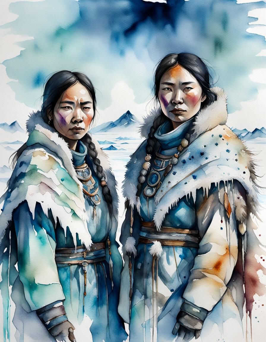 Inuit Huntresses in Arctic Tundra: Watercolor Illustration