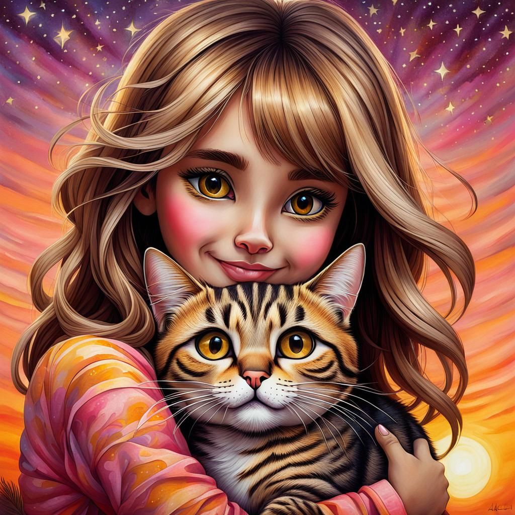 Girl with Cat in Hyperrealistic Sunset Portrait
