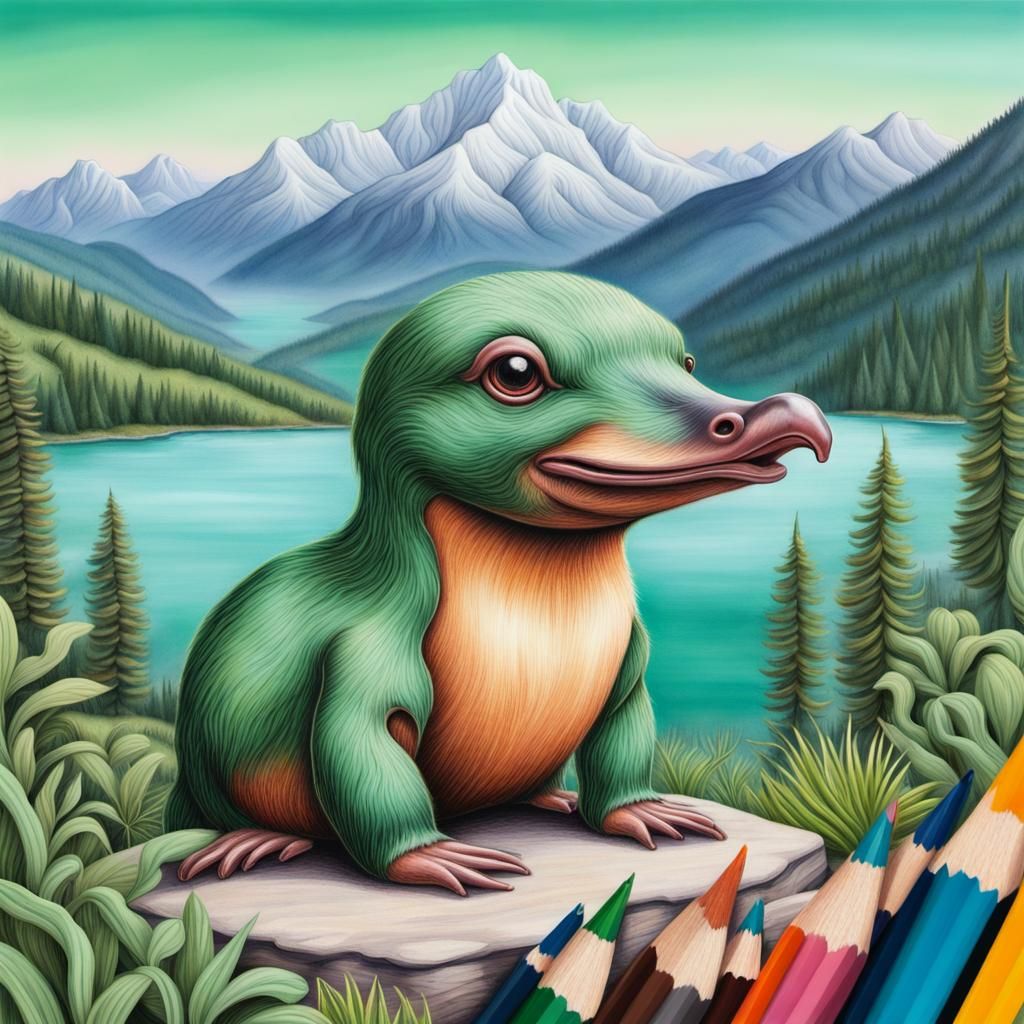 Adorable Green Platypus Portrait in Colored Pencil Style