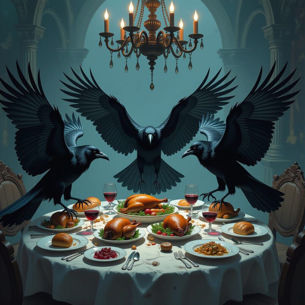 Ravens Invade an Opulent Banquet in Gothic Style