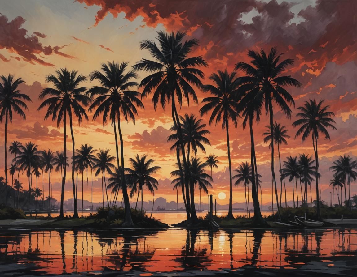 Sunset Palm Trees: Impressionistic Matte Painting
