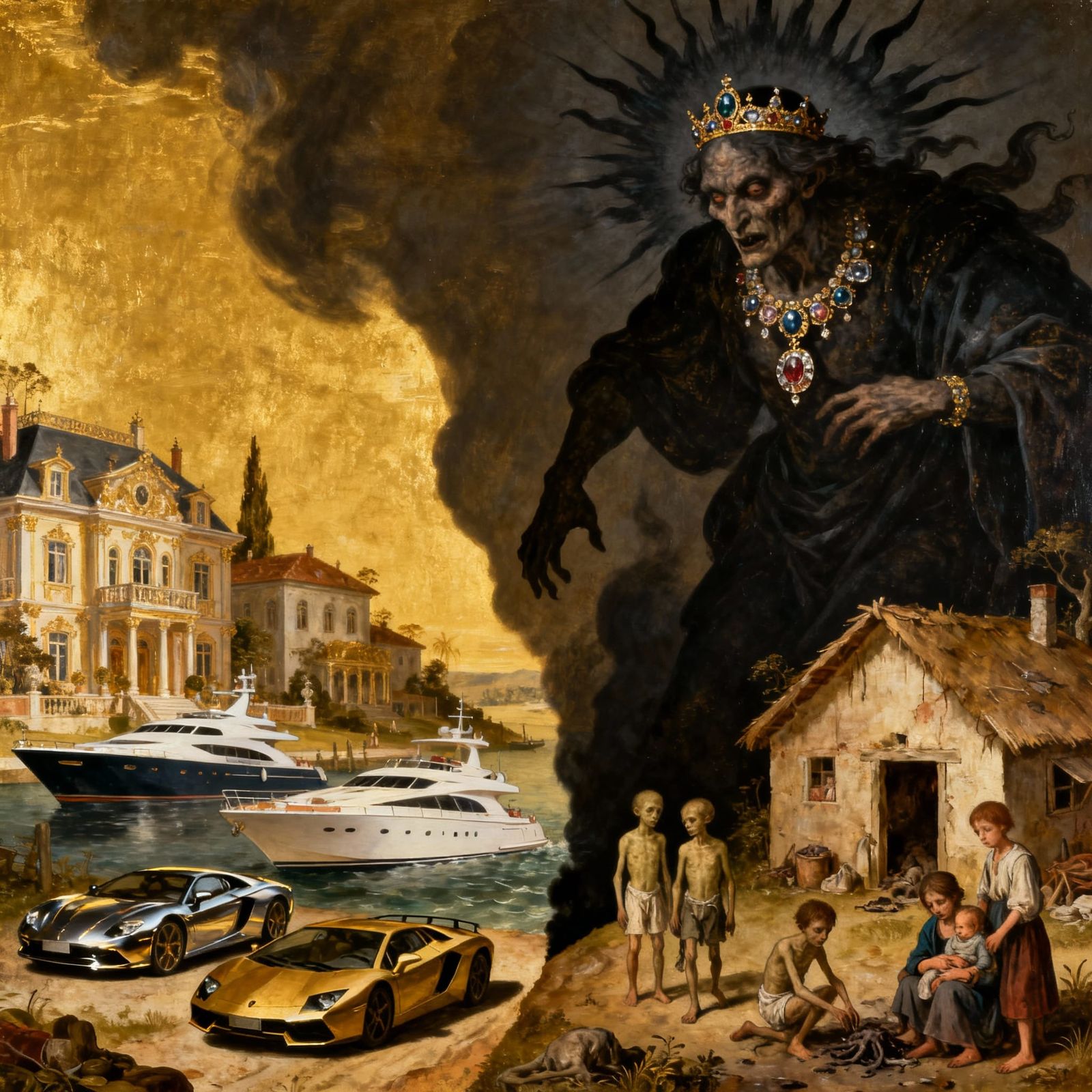 Symbolic Oil Painting of Wealth vs Poverty in Bosch Style