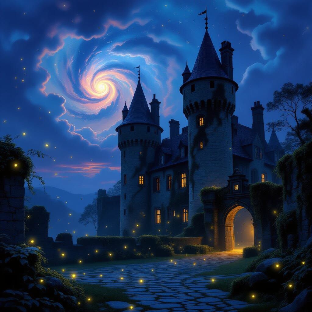 Moss-Covered Castle Under Nebula Sky