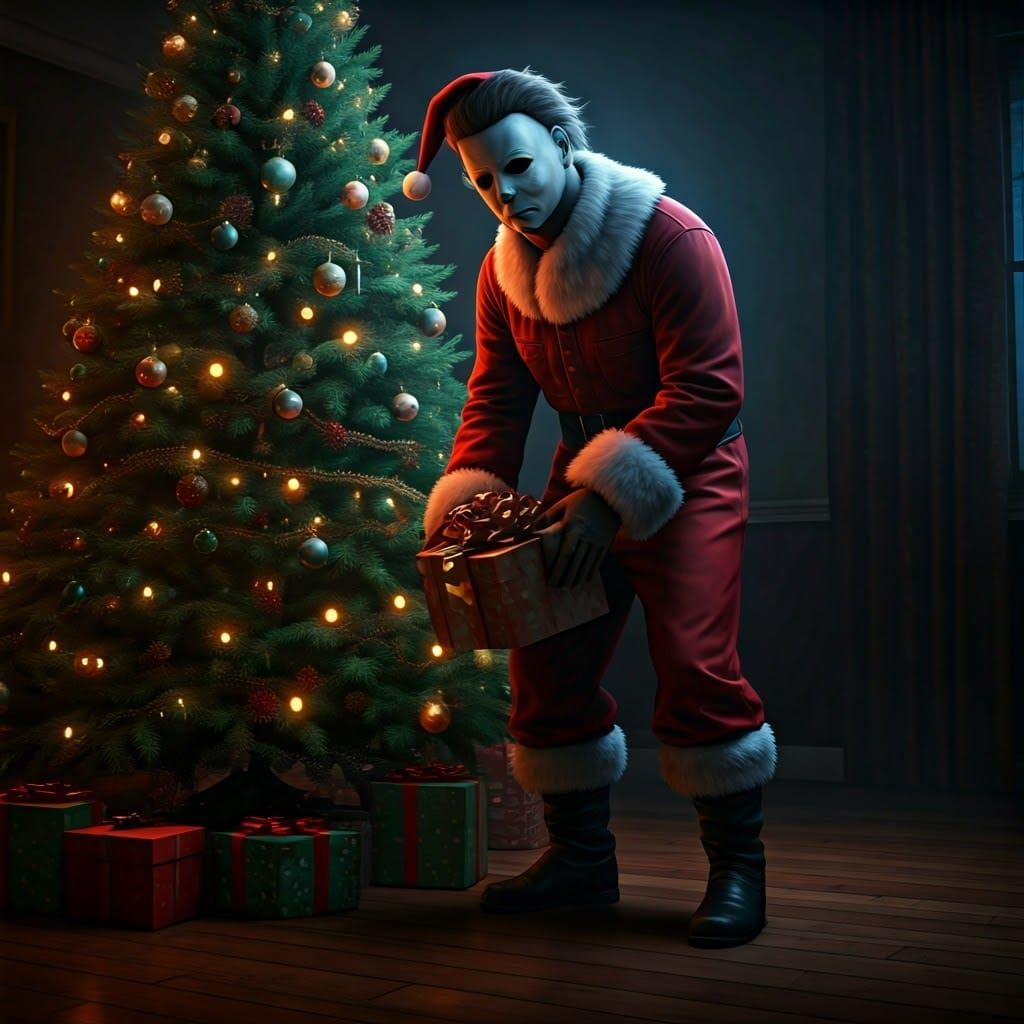Michael Myers as Santa Claus in a Haunting Christmas Scene