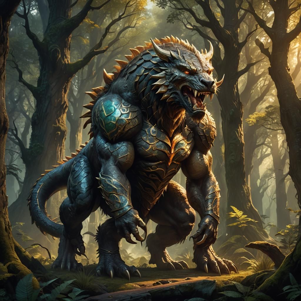 Epic Fantasy Beast in Mystical Forest Concept Art