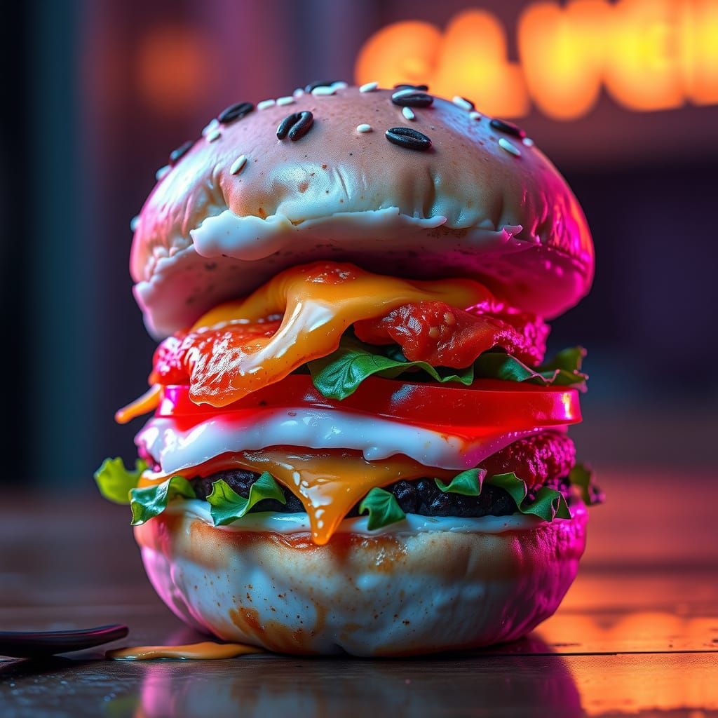 Hyper-Realistic Cyberpunk Sushi Burger Hybrid